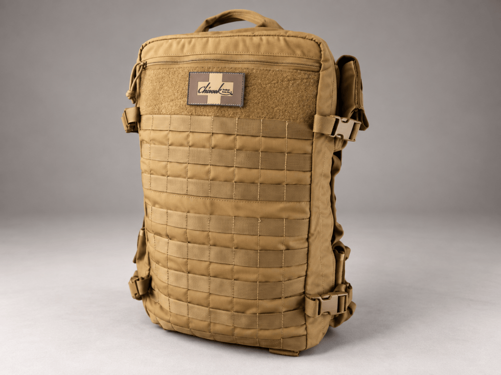 A tan medical backpack shown closed, with front webbing and compression straps.